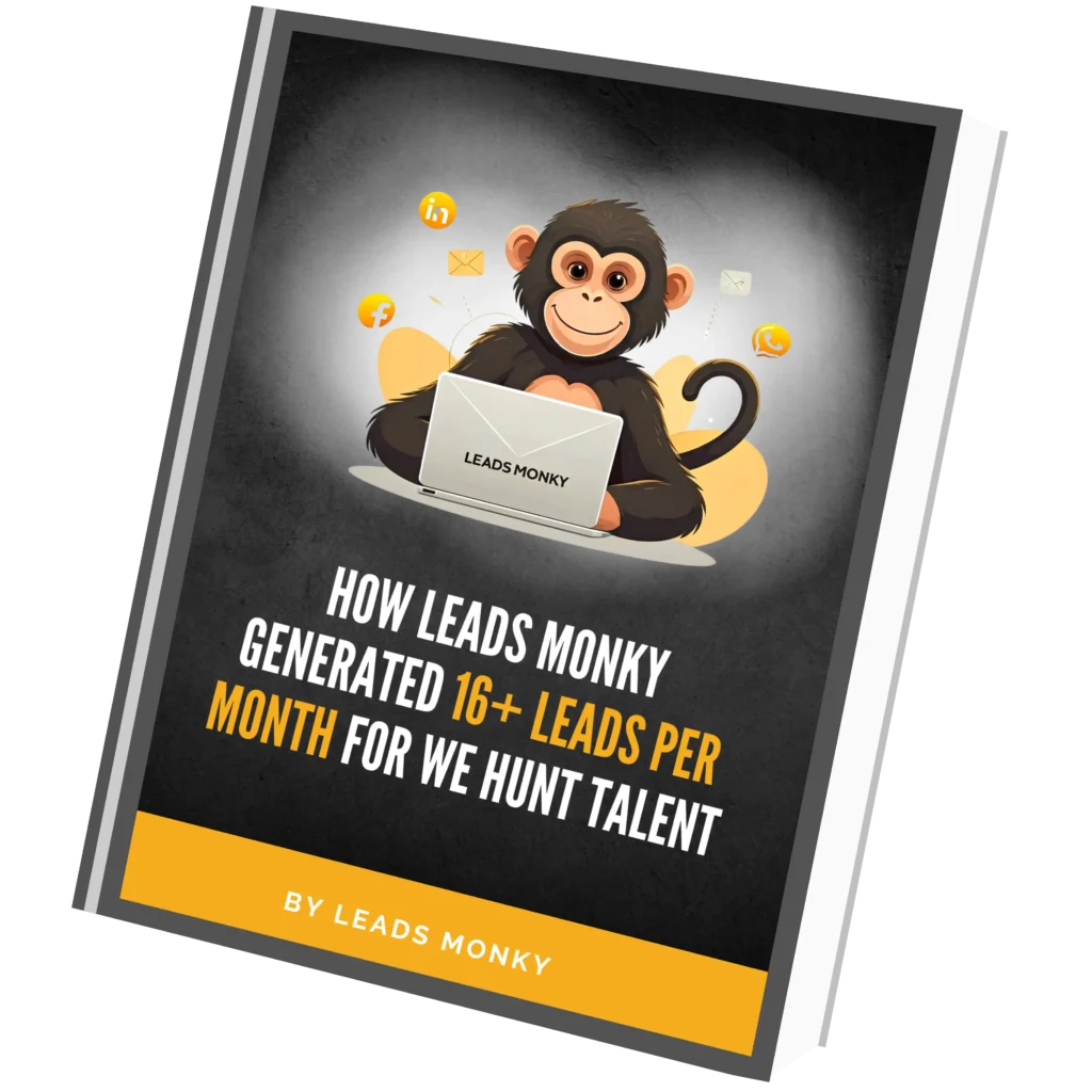 Leads Monky case study section image featuring a cartoon monkey with a laptop, illustrating the success of generating 16+ leads per month for We Hunt Talent.
