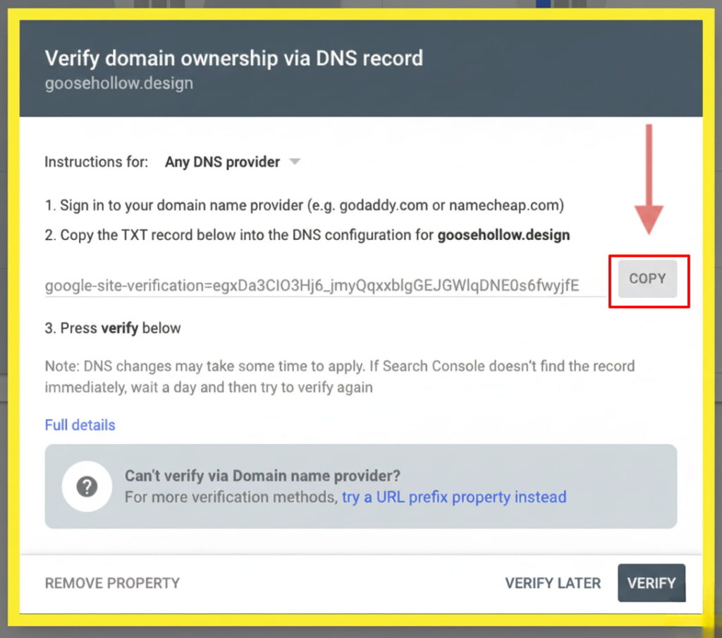 Copy the verification code that looks like: google-site-verification=abc123xyz...